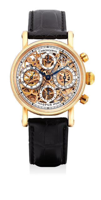 Chronoswiss, ‘A fine, attractive and unusual pink gold skeletonized chronograph wristwatch with date and hack feature’, Circa 2000, Phillips
