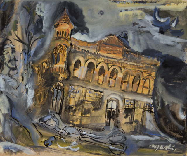 James Martin, ‘Untitled (Yellow Building with Eggbeater and Self Portrait) ’, unknown, Painting, Gouache on paper, Foster/White Gallery