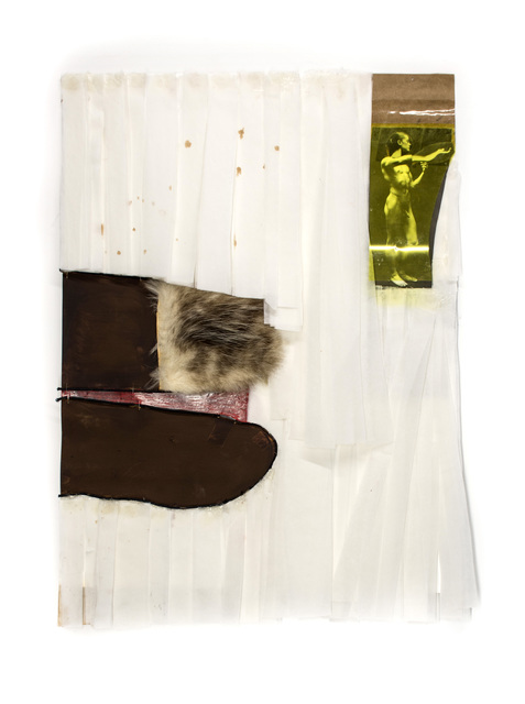 Dani Leventhal ReStack, ‘Dear God’, 2017, Drawing, Collage or other Work on Paper, Opposum fur, found photograph, yellow lighting filter, cord, paper and oil pastel on paper, Gaa Gallery