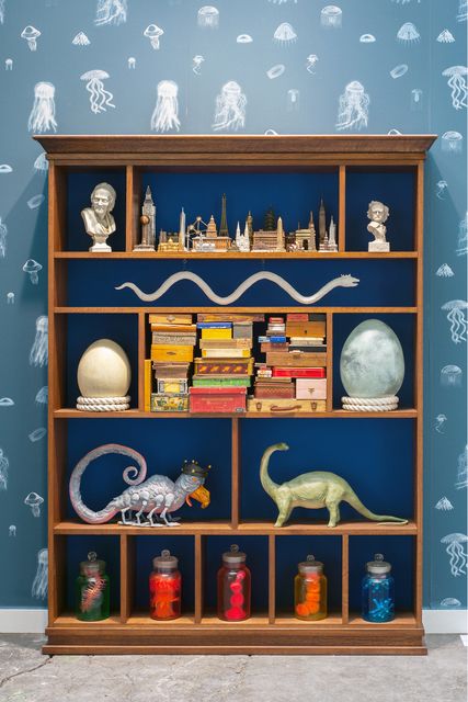 Mark Dion, ‘Between Voltaire and Poe’, 2016, Installation, Meuble en bois, boites à cigares, figurines, plastique, bocaux et bibelots, In Situ - Fabienne Leclerc