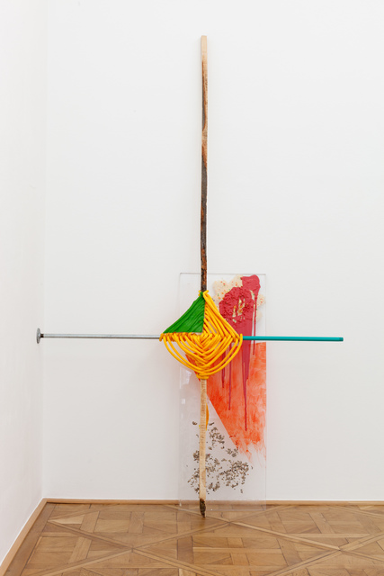 Jessica Stockholder, ‘Messed on the Beach’, 2014, Sculpture, Rope, pipe, hardware, wood with bark, plexiglass, fake vomit, shells, acrylic paint, Galerie nächst St. Stephan Rosemarie Schwarzwälder
