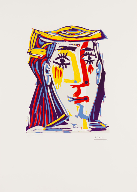 Pablo Picasso, ‘Portrait of Jacqueline in a Multicolored Straw Hat’, 1962, Print, Linocut, Christopher-Clark Fine Art