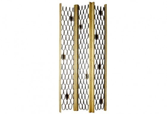 Paul Evans (1931-1987), ‘Phil Powell and Paul Evans Studio Silver Fish Scale Screen’, ca. 1960s, Design/Decorative Art, Welded steel open “fish scale” pattern decorated with aluminum metal-leaf and black “ink.” The frame in off-white striate paint over American Black Walnut with steel piano hinges., Todd Merrill Studio