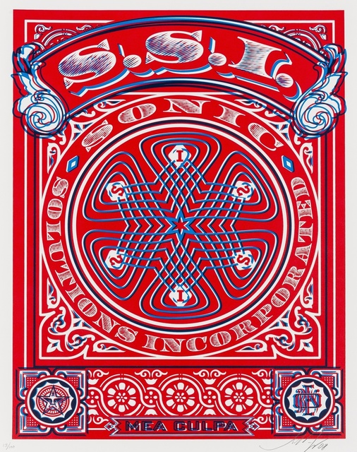 Shepard Fairey, ‘SSI (Sonic Solutions Incorporated) Mea Culpa (red/blue)’, 2008, Print, Screenprint in colours, Forum Auctions