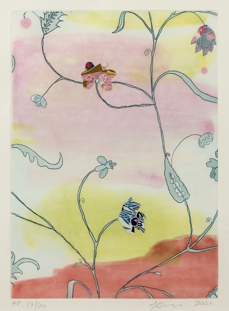 Laura Owens, ‘Untitled (2001)’, 2001, Drawing, Collage or other Work on Paper, Lithograph printed in colours with collaged fabric elements, Forum Auctions