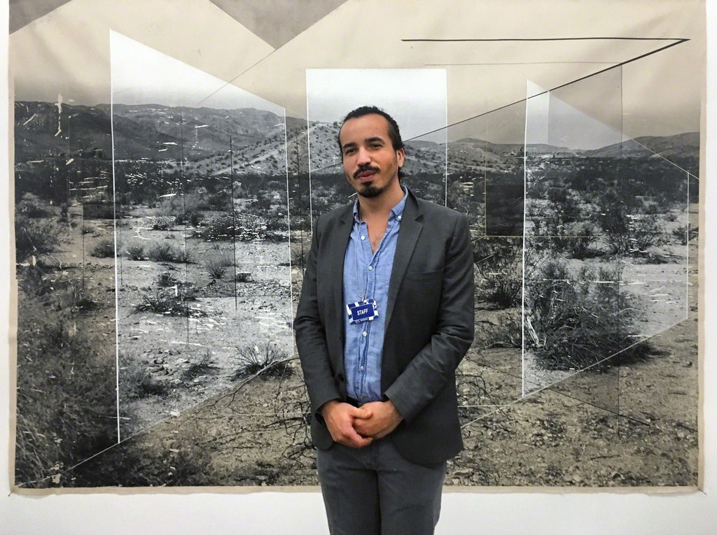 Artist Rodrigo Valenzuela with his work, Sense of Place No. 32. Artist Rodrigo Valenzuela with his work, Sense of Place No. 32.