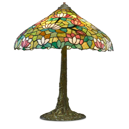 Table lamp with lotus shade and tree trunk base