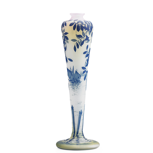 Devez, ‘Tall Vase With Sailboat, Birdhouse And Wisteria, France’, Early 20th C., Rago/Wright