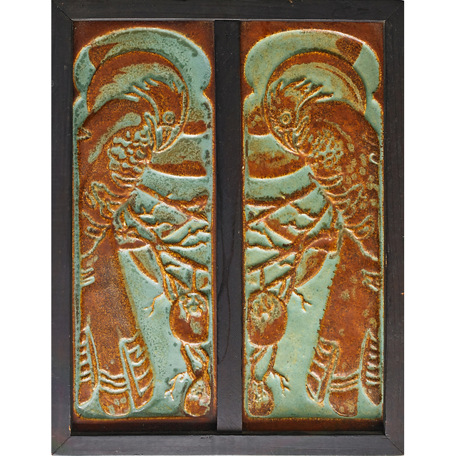 California Clay Products, ‘Pair Of Tall Tiles With Parrots (Framed), South Gate, CA’, 1923-33, Rago/Wright
