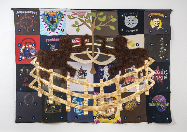 Joshua Goode, ‘'The Mammoth Tapestry'’, 2018, Sculpture, Artist's old concert t-shirts, fabric, canvas, gold leaf, leather, faux fur, Ivy Brown Gallery