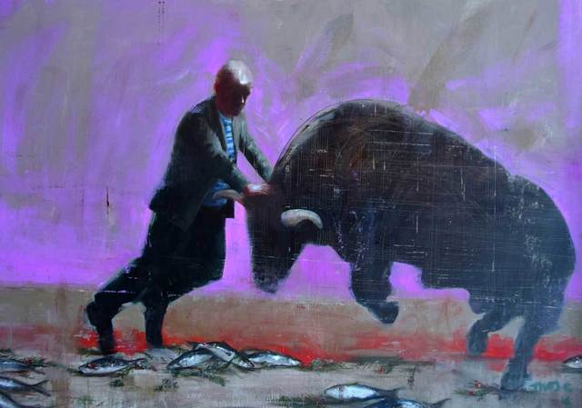 Richard Twose, ‘Gavin Turk and the Minaturomachie’, 2017, Painting, Oil on Board, Catto Gallery