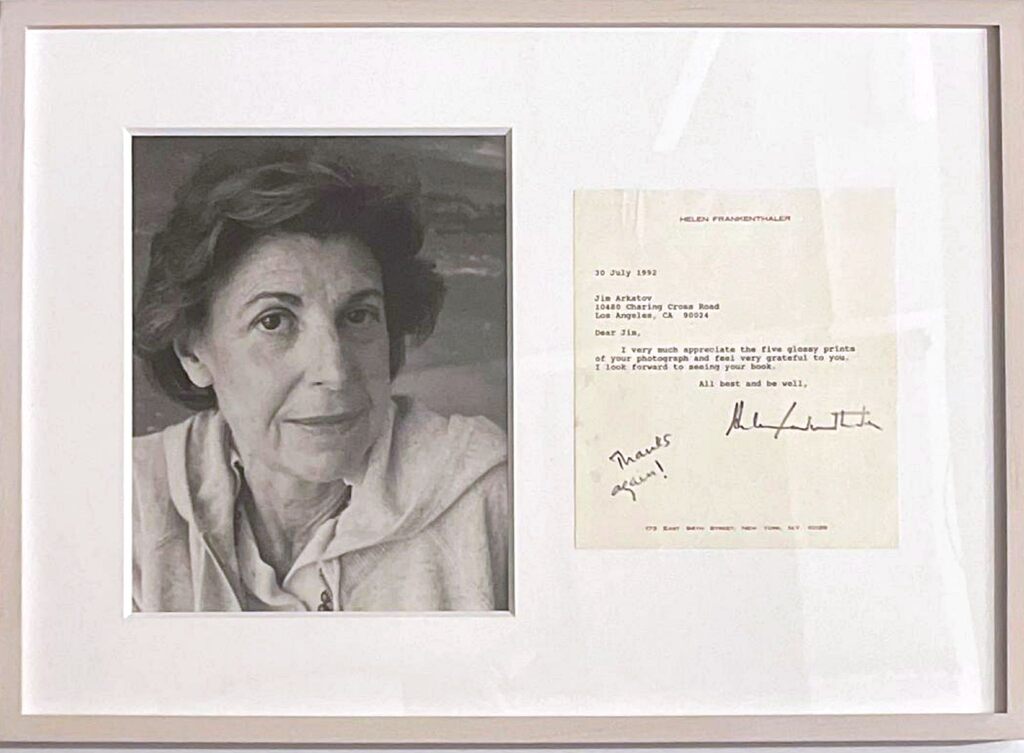 Photographic portrait of Helen Frankenthaler by Jim Arkatov (Hand signed by Arkatov), framed alongside an original letter from Helen Frankenthaler (hand signed by Frankenthaler)