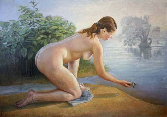 David Molesky, ‘Terrapin / nude figure with turtle’, 2014, Painting, Oil on linen, Andra Norris Gallery