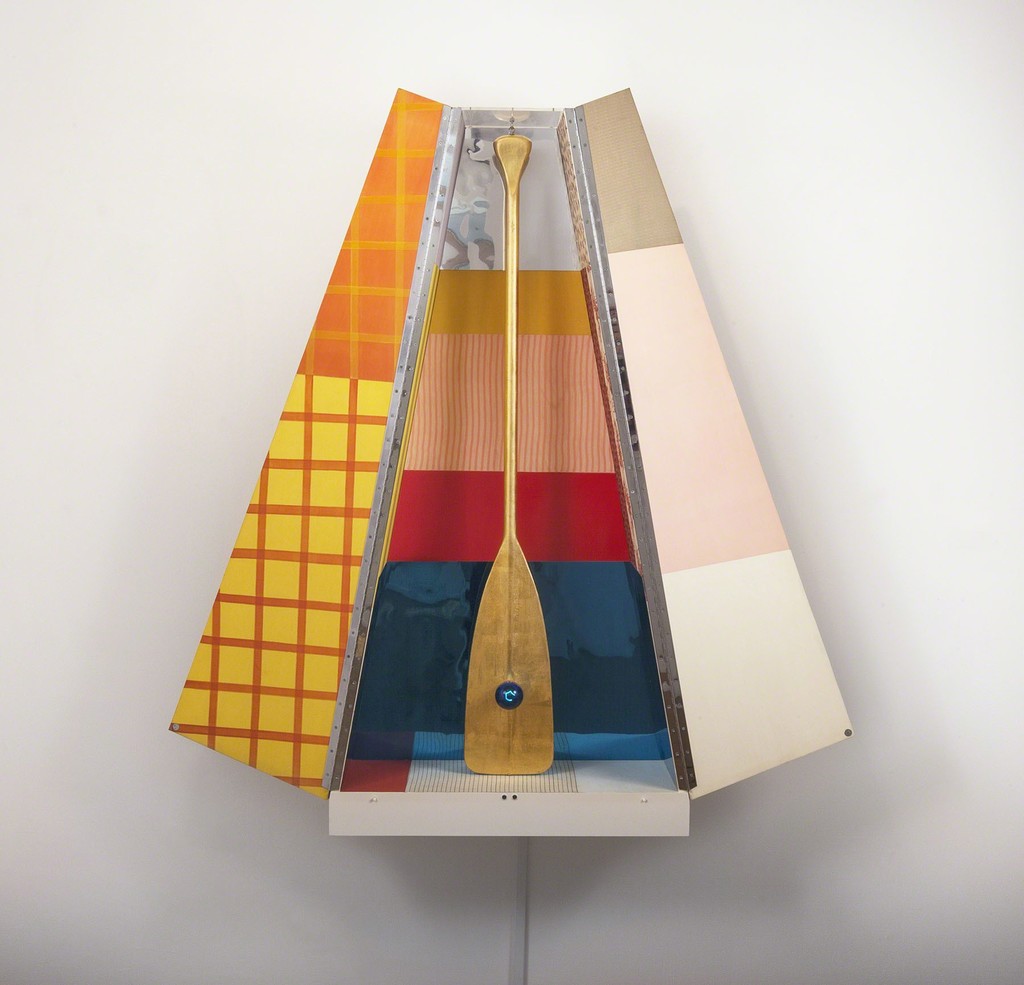 Robert Rauschenberg
PUBLICON--STATION I, 1979
Edition sculpture constructed of wood coated with nitrocellulose lacquer, collaged silk and cotton fabrics, gold-leafed paddle, and baked epoxy enamel over polished aluminum, with light bulbs and Plexiglas
59 x 58 x 12 in. (open)
(149.9 x 147.3 x 30.5 cm) Robert Rauschenberg
PUBLICON--STATION I, 1979
Edition sculpture constructed of wood coated with nitrocellulose lacquer, collaged silk and cotton fabrics, gold-leafed paddle, and baked epoxy enamel over polished aluminum, with light bulbs and Plexiglas
59 x 58 x 12 in. (open)
(149.9 x 147.3 x 30.5 cm)