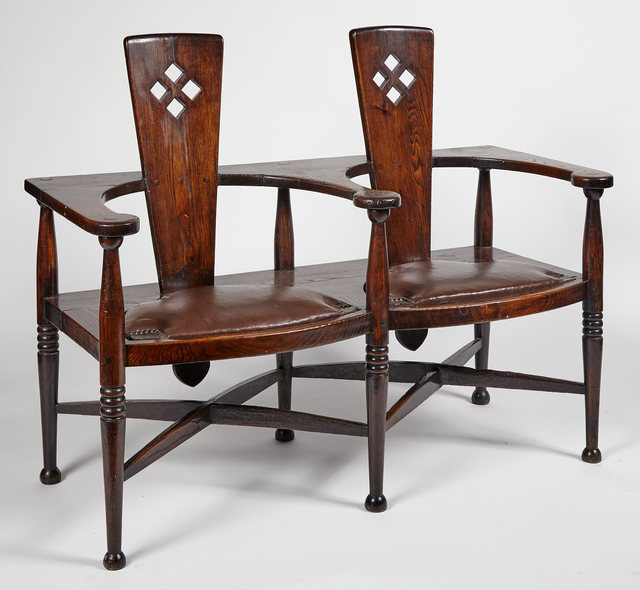‘Arts & Crafts Oak and Leather Double Chair-Form Settee’, circa 1900, Design/Decorative Art, Doyle