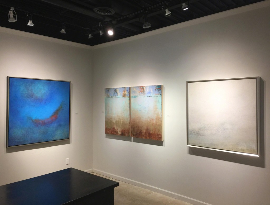 Signs of Spring exhibition, (L) Scott Upton, Finding Magic, mixed media on canvas, 48 x 48 inches; (C) Allison B Cooke , Diventando I & II, mixed media on panel, 40 x 30 inches; (R) Scott Upton, Natural Light, mixed media on canvas, 40 x 40 inches Signs of Spring exhibition, (L) Scott Upton, Finding Magic, mixed media on canvas, 48 x 48 inches; (C) Allison B Cooke , Diventando I & II, mixed media on panel, 40 x 30 inches; (R) Scott Upton, Natural Light, mixed media on canvas, 40 x 40 inches