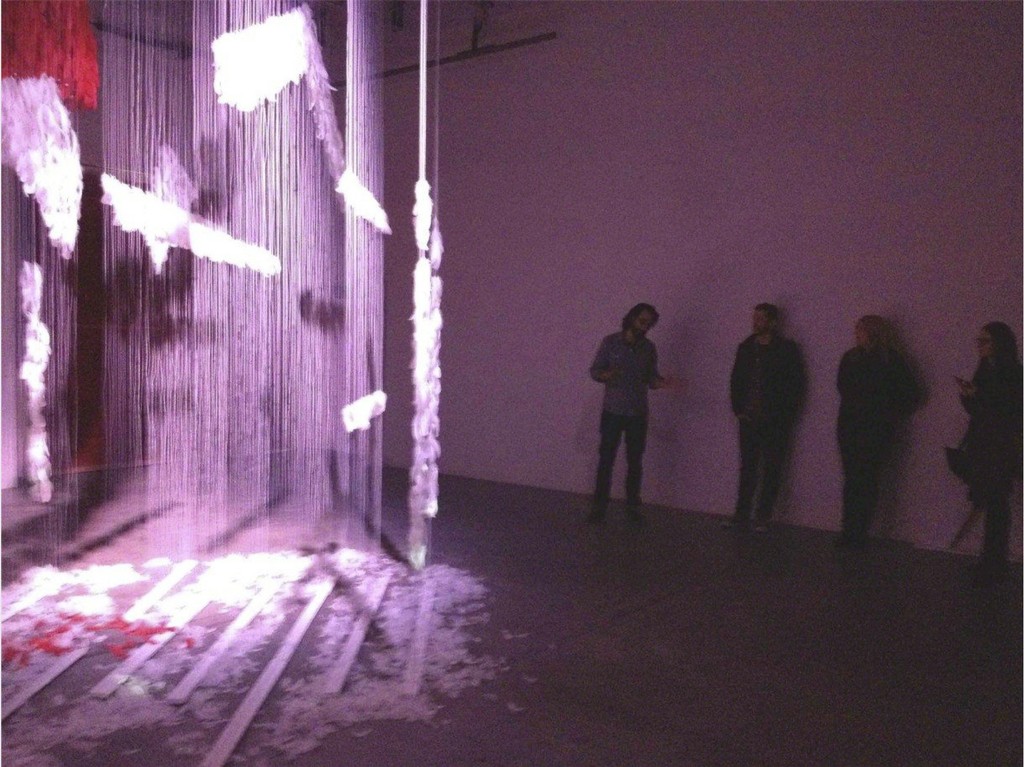 The four seasons are experienced in a cycle of changing light and sound as a gong is struck by the viewer. The four seasons are experienced in a cycle of changing light and sound as a gong is struck by the viewer.