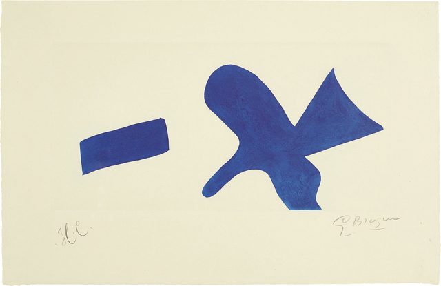 Georges Braque, ‘L'oiseau bleu (Invitation exposition Louis Broder pour le livre de Braque) (The Blue Bird - invitiation exhibition Louis Broder for Braque book)’, circa 1960, Print, Aquatint in blue, on pale green laid paper, with full margins, Phillips