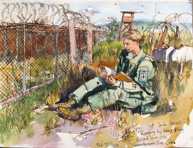 Steve Mumford, ‘2/7/13 Sgt Trisha Pinczes Reading by Camp X-Ray Disused since 2002, Guantanamo Bay, Cuba’, 2013, Drawing, Collage or other Work on Paper, Ink and wash on paper, Postmasters Gallery
