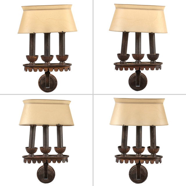 ‘Set of Four Gilbert Poillerat Parcel Gilt Wrought Iron Three-Light Wall Sconces’, 1940s, Design/Decorative Art, Doyle