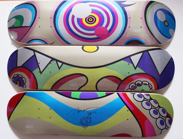 Takashi Murakami, ‘Original Flower Drawing on skateboard set of 3’, 2017, Drawing, Collage or other Work on Paper, Marker on skateboard, EHC Fine Art Gallery Auction