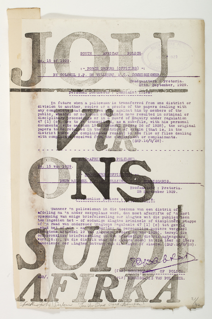 FAITH XLVII, ‘Jou vir ons’, 2013, Print, Letterpress on found Police Report, David Krut Projects