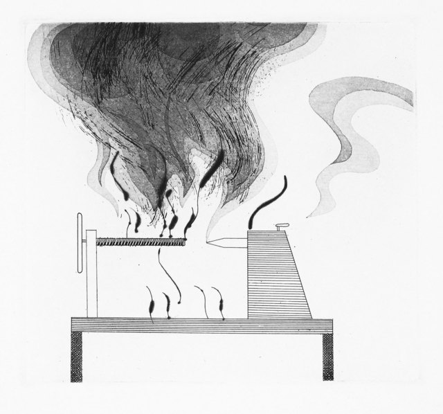 David Hockney, ‘The Lathe and Fire’, 1969, Print, Aquatint, etching and drypoint, Goldmark Gallery
