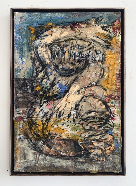 Daniel Crews-Chubb, ‘Belfie of Willendorf (blue and yellow)’, 2019, Painting, Oil, oil bar, charcoal, ink, pastel, sand, spray paint, coarse pumice gel and collaged fabrics on canvas., Vigo Gallery
