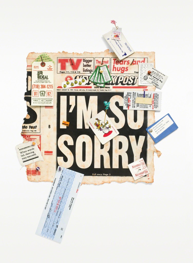 Jonathan Seliger, "Apology with Scraps," 1995-1996, oil, alkyd, acrylic, modeling paste, wax, soluvar on canvas, wood, steel, glassine, acetate, 23 x 19 3/4 x 4 inches, Tang Teaching Museum collection, gift of Frank and Patti Kolodny, 2012.20.3a Jonathan Seliger, "Apology with Scraps," 1995-1996, oil, alkyd, acrylic, modeling paste, wax, soluvar on canvas, wood, steel, glassine, acetate, 23 x 19 3/4 x 4 inches, Tang Teaching Museum collection, gift of Frank and Patti Kolodny, 2012.20.3a