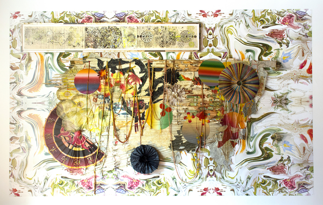Judy Pfaff, ‘+'s & -'s #45’, 2018, Installation, Various plastics & papers, Chinese paper lanterns, paper blinds, umbrella and aluminum on digital backdrop, Gaa Gallery