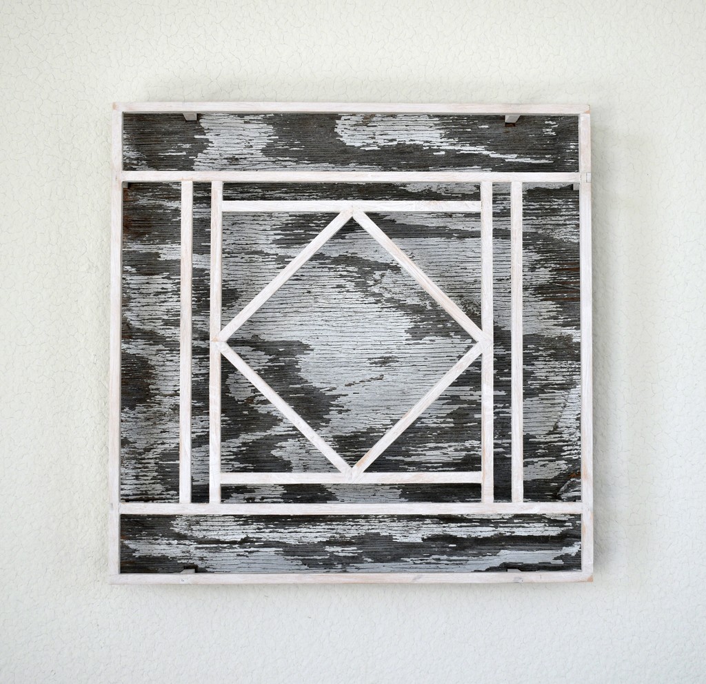 "Untitled (Center Diamond, White & Grey)" by Peter Sowinski, 2019, wood, plywood, gesso, 12 x 12 x 1.75 inches "Untitled (Center Diamond, White & Grey)" by Peter Sowinski, 2019, wood, plywood, gesso, 12 x 12 x 1.75 inches