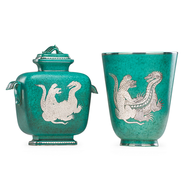 Wilhelm Kåge, ‘Argenta vase and two-handled lidded vessel with fighting dragon and tiger, Sweden’, Design/Decorative Art, Glazed stoneware, silver inlay, Rago/Wright