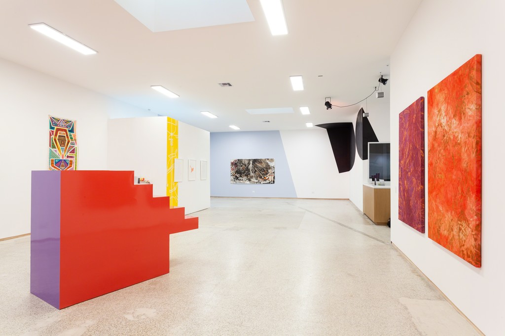 Installation view of Germane Barnes and Karen Rifas (section) Exploding Staircase, 2018. Mette Tommerup's Wrinkled Sky and Petals I and II. At the left, Marcus Blake First Queen (Quantum Kente Series), 2018 and Najja Moon's ink on paper work, 2018. Far wall, center : Elisabeth Condon's The Banishing, 2018 and (right) Felecia Chizuko Carlisle's Oppositional Forces, 2018. Installation view of Germane Barnes and Karen Rifas (section) Exploding Staircase, 2018. Mette Tommerup's Wrinkled Sky and Petals I and II. At the left, Marcus Blake First Queen (Quantum Kente Series), 2018 and Najja Moon's ink on paper work, 2018. Far wall, center : Elisabeth Condon's The Banishing, 2018 and (right) Felecia Chizuko Carlisle's Oppositional Forces, 2018.