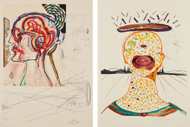 Salvador Dalí, ‘Spectacles with Holograms and Computers...; and Cyclopean Make-Up, from Imaginations and Objects of the Future’, 1975-76, Print, Two lithographs with etching in colors, one with collage, on Arches paper, with full margins, Phillips