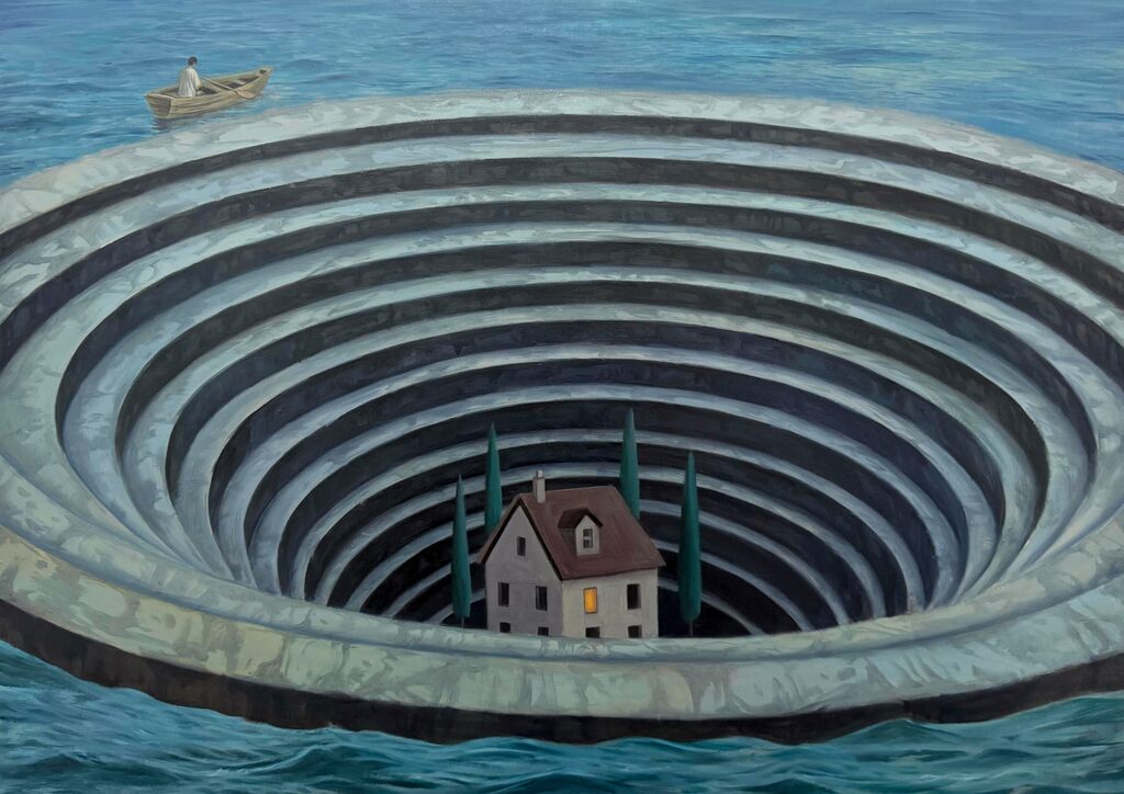 Tianhao, The Human Condition II, 2026. A great spiral descends through darkness toward a small house with warmly lit windows at its lowest point.