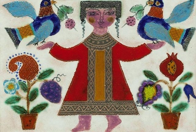 Irene Awret, ‘Glazed Israeli Folk Art Naive Tile Figure with Flowers and Birds’, 20th Century, Lions Gallery