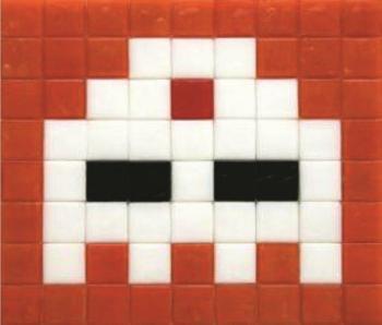 Invader - Invasion Kit # IK.08 : Third eye, White / Eyes : Black / Third Eye : Red, Background : Orange