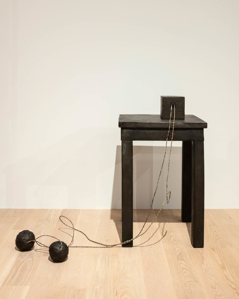 Joseph Beuys, Tisch mit Aggregat (Table with Accumulator), 1958–85. Bronze, wire cables. Courtesy Galerie Thaddaeus Ropac, London, Paris, and Salzburg. Installation view: "The Everywhere Studio," Institute of Contemporary Art, Miami, Dec 1, 2017–Feb 26, 2018. Photo: Fredrik Nilsen Studio. Joseph Beuys, Tisch mit Aggregat (Table with Accumulator), 1958–85. Bronze, wire cables. Courtesy Galerie Thaddaeus Ropac, London, Paris, and Salzburg. Installation view: "The Everywhere Studio," Institute of Contemporary Art, Miami, Dec 1, 2017–Feb 26, 2018. Photo: Fredrik Nilsen Studio.
