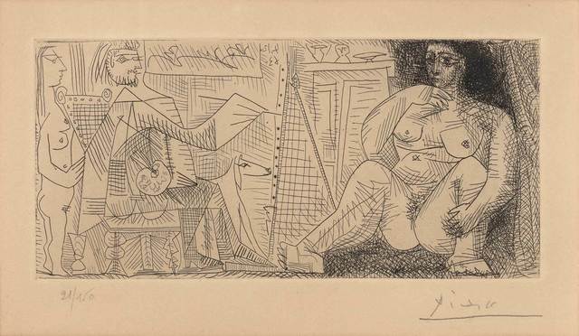 Pablo Picasso, ‘Dans L'Atelier: Peintre, Modèle Et Spectatrice (B. 1139; C. Bks. 130)’, 1963, Print, Etching on Richard de Bas paper, Doyle