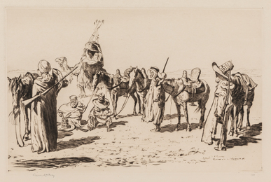 A Group of Six Works by Various Artists: including Mediterranean Port by Joseph Gray, The Bassra Guard and San Lorenzo, Rome by Sir Lionel Lindsay (Australian, 1874-1961), Saying Grace by Conrad Meyer (Swiss, 1618-1689), Gloucester Fisherman by Carl Nordell (Danish, 1885-1957) and Street Market, Majorca by Charles Offin (American, 1899-1989)