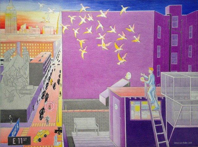 Anton van Dalen, ‘Self-Portrait with Pigeon Coop Looking North’, 2014, Painting, Oil on canvas, P.P.O.W