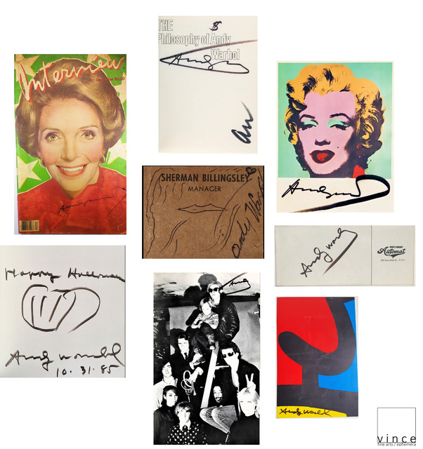 Andy Warhol, ‘SET of 8- "Andy WARHOL, 1950-1980's, SIGNED Ephemera Items UNIQUE.’, 1955-1986, Drawing, Collage or other Work on Paper, Ink on Paper, VINCE fine arts/ephemera