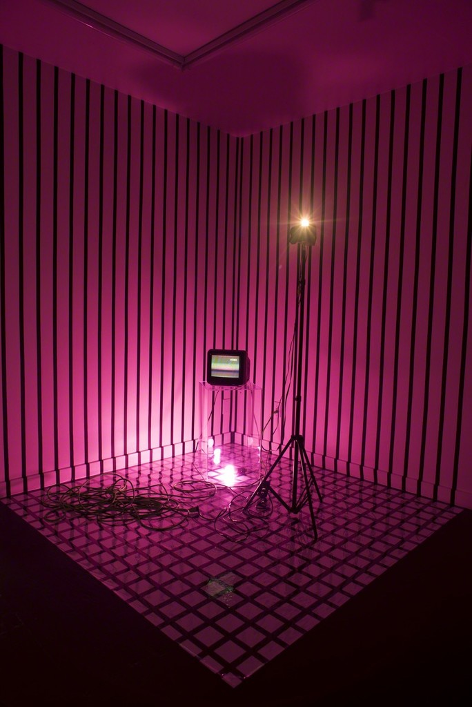 Paula Morales, "Reciprocity," 2017, 1-channel video installation with analog camera feedback loop to CRT monitor, av cables, and pink LED lightbulb, Dimensions variable
Paula Morales, "Reciprocity," 2017, 1-channel video installation with analog camera feedback loop to CRT monitor, av cables, and pink LED lightbulb, Dimensions variable