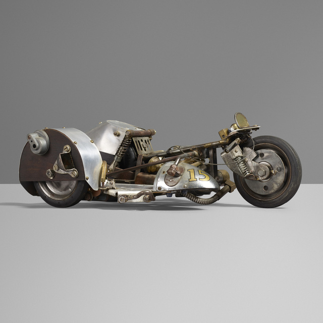 ‘Motorcycle model’, c. 1950, Other, Steel, aluminum, brass, rubber, chrome-plated steel, stained ash, leather, Rago/Wright