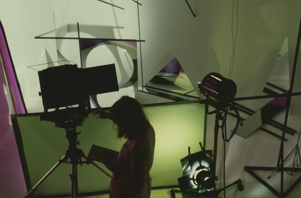 Photo-documentation of Barbara Kasten installing the exhibition "Centric 2: Barbara Kasten, Installation/Photographs", University Art Museum, California State University Long Beach, 1982. Courtesy of the artist and the University Art Museum, California State University Long Beach. Photo-documentation of Barbara Kasten installing the exhibition "Centric 2: Barbara Kasten, Installation/Photographs", University Art Museum, California State University Long Beach, 1982. Courtesy of the artist and the University Art Museum, California State University Long Beach.