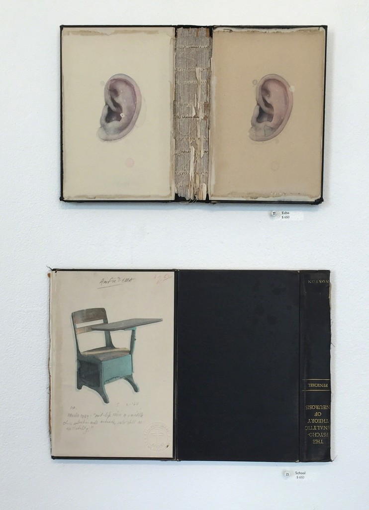 Dan McClain's "Echo" and "School." Exquisitely hand painted watercolor and prismacolor imagery on disassembled books Dan McClain's "Echo" and "School." Exquisitely hand painted watercolor and prismacolor imagery on disassembled books