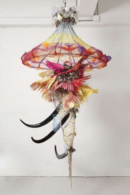 Rina Banerjee, ‘I ask my mother what will I be? Will I be strong, will I have courage, will I be happy? My mother she answers with this - The future is yours to make’, 2016, Sculpture, Plastic net cloth, resin replica horn of the American buffalo, copper dirty eyes in enamel, cowry shell, brass and copper wire, copper armature, Burt out light bulbs, oversized 500 watt light bulbs, pigeon feather fans, steel chain in white enamel, 2 s hooks in steel, 1 steel armature, Hosfelt Gallery