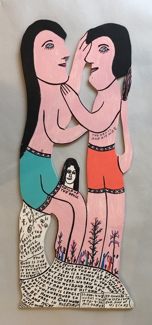 Howard Finster, ‘The Devil and His Wife’, 1989, Painting, Enamel and marker on wood, Beatrice Wood Center for the Arts