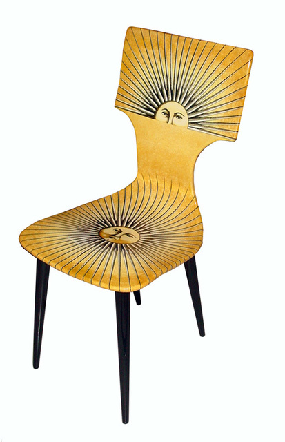 Piero Fornasetti, ‘Set of four 'Sole' chairs’, 1955, Design/Decorative Art, Plywood seat and black lacquered tapered legs, robertaebasta