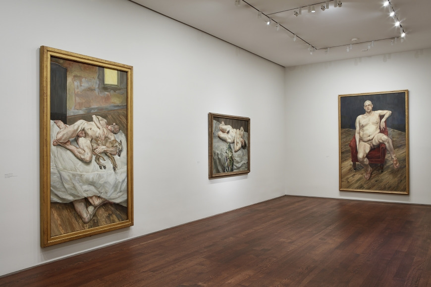 Left to right:
Sunny Morning—Eight Legs, 1997⠀
Oil on canvas⠀
92 1/8 x 52 inches (234 x 132.1 cm)⠀
The Art Institute of Chicago; Joseph Winterbotham Collection (1997.561)⠀
Portrait on Gray Cover, 1996⠀
Oil on canvas⠀
47 3/4 x 60 7/8 inches (121.3 x 154.6 cm)⠀
Private Collection⠀
Leigh Bowery (Seated), 1990⠀
Oil on canvas⠀
96 x 72 inches (243.7 x 183 cm)⠀
Private Collection⠀
Photo by Kent Pell. Art © The Lucian Freud Archive / Bridgeman Images. Left to right:
Sunny Morning—Eight Legs, 1997⠀
Oil on canvas⠀
92 1/8 x 52 inches (234 x 132.1 cm)⠀
The Art Institute of Chicago; Joseph Winterbotham Collection (1997.561)⠀
Portrait on Gray Cover, 1996⠀
Oil on canvas⠀
47 3/4 x 60 7/8 inches (121.3 x 154.6 cm)⠀
Private Collection⠀
Leigh Bowery (Seated), 1990⠀
Oil on canvas⠀
96 x 72 inches (243.7 x 183 cm)⠀
Private Collection⠀
Photo by Kent Pell. Art © The Lucian Freud Archive / Bridgeman Images.